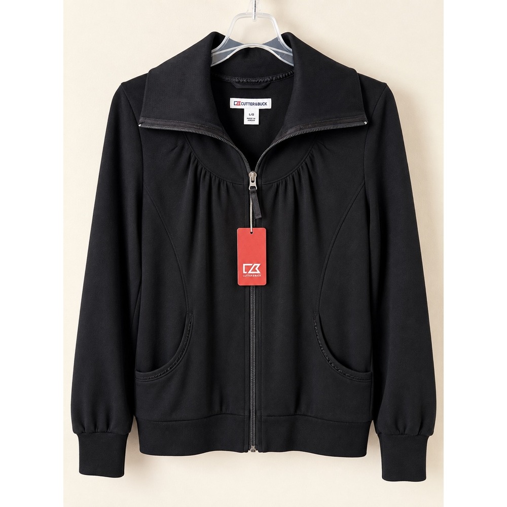 Cutter & Buck Full Zip Jacket Womens L Black Mock Neck Athleisure Preppy Golf